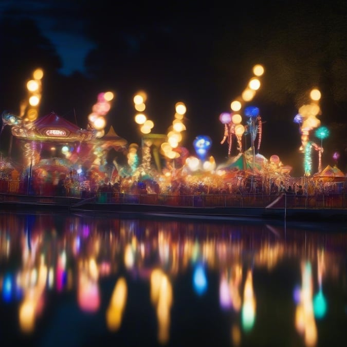 A lively night scene at a carnival featuring colorful lights, rides, and attractions. The reflection of the festive atmosphere dances on the water surface.