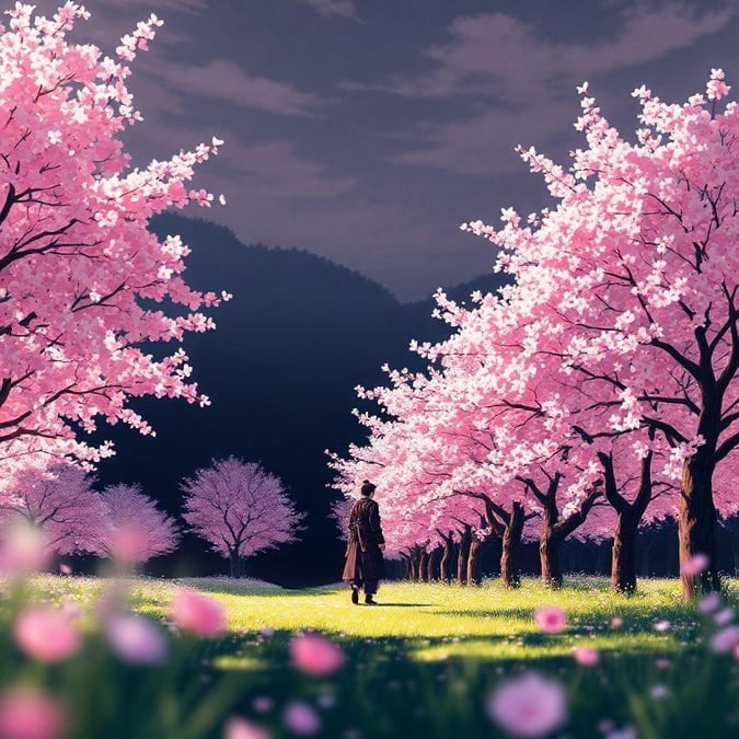 This stunning anime-style wallpaper features a serene scene of a samurai walking through a garden of blooming cherry blossom trees, with vibrant pink and white flowers contrasting the dark background. The peaceful scene captures a moment of tranquility, with a blurred foreground and a bright sky adding depth.