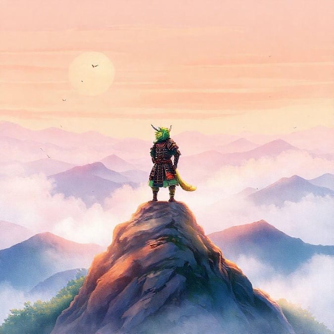 This anime-style illustration captures a serene moment of a samurai standing on a mountain peak, surrounded by a misty background that adds to the peaceful atmosphere.