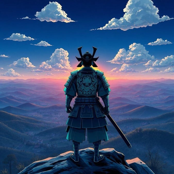 Um momento de tranquilidade em um alto pico de montanha, enquanto um guerreiro samurai observa a primeira luz do dia romper no horizonte.