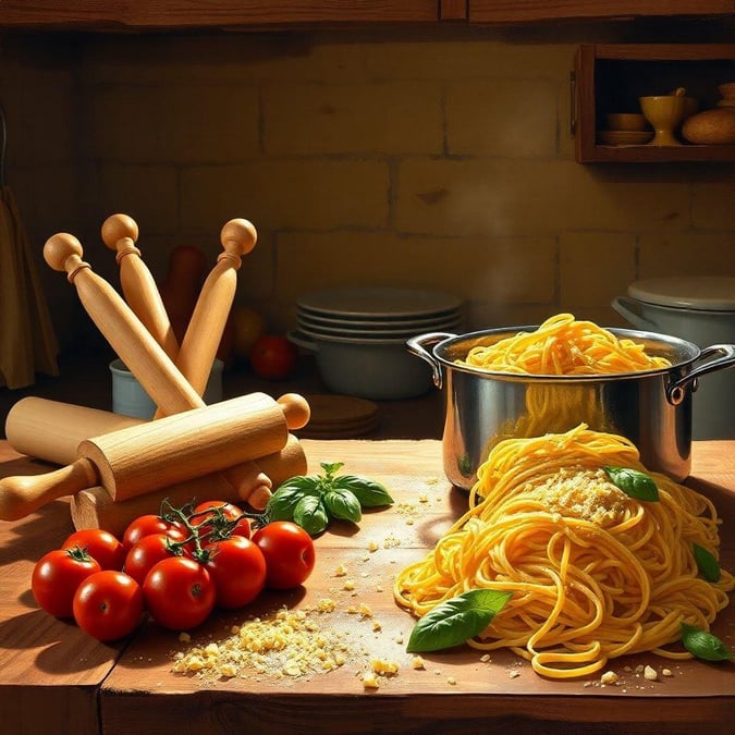 This beautiful wallpaper image captures the essence of a culinary haven, where the aroma of freshly cooked pasta fills the air. The image showcases a stainless steel pot filled with spaghetti, garnished with basil leaves and grated cheese, exuding warmth and inviting the viewer to indulge in a delicious meal.