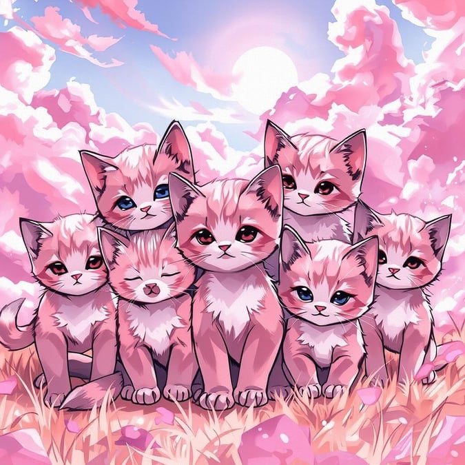 Prepare-se para ser encantado por esses adoráveis gatinhos de anime, ambientados em um fundo de nuvens rosa fofas. A cena é uma mistura perfeita de brincadeira e fantasia, tornando-se um papel de parede encantador para o seu desktop ou dispositivo móvel.