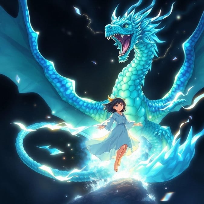 Vivez la magie d'une jeune fille se transformant en un majestueux dragon dans cette illustration anime captivante. La scène témoigne de la puissance et de la résilience, avec des écailles bleues et vertes vibrantes contrastant avec le fond sombre.