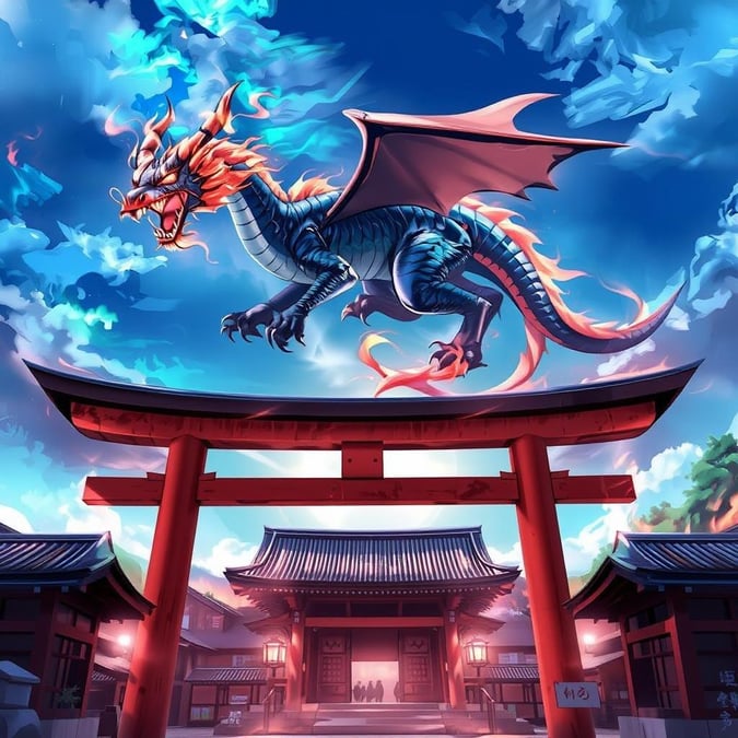 I denna majestätiska anime-stil illustration tar en drake med eldfängda vingar och svans flyg över de livliga torii-portarna i Fushimi Inari. Scenen är genomflödad av blå och gröna nyanser, vilket skapar en atmosfär som är både lugn och mystisk.