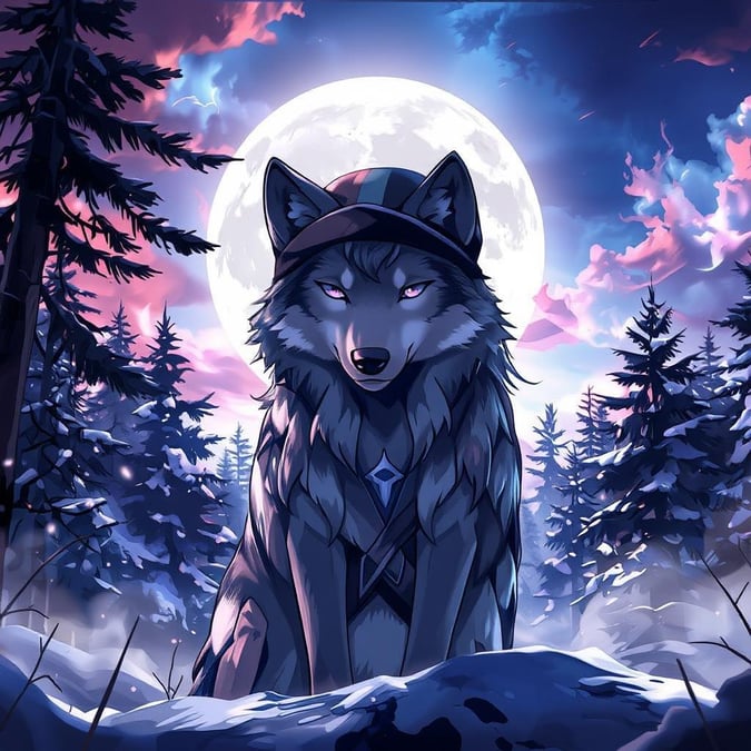 This wallpaper features a detailed anime illustration of a lone wolf standing in a misty forest, surrounded by snow and a black hat, with a bright white moon adding a sense of awe and mystery to the scene, and the sky's colors adding a dreamy quality.