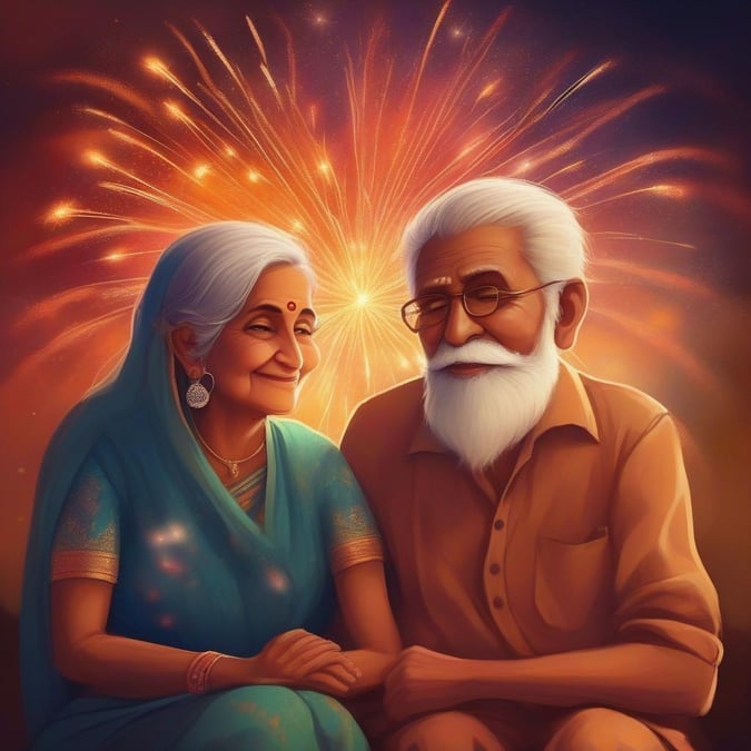 An elderly couple shares in the joy of Diwali, surrounded by a warm glow as fireworks light up the night sky.