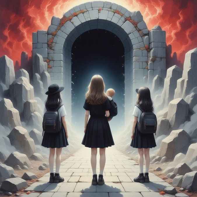 Step into a world of wonder with this captivating anime wallpaper, featuring a group of schoolgirls standing at a mysterious portal. The central figure, a woman in a black dress, holds a child, while the other two are adorned with a hat and a backpack, all clad in black, stand in a solitary setting. The portal is a canvas of a mysterious portal, a testament to the artist's skill.