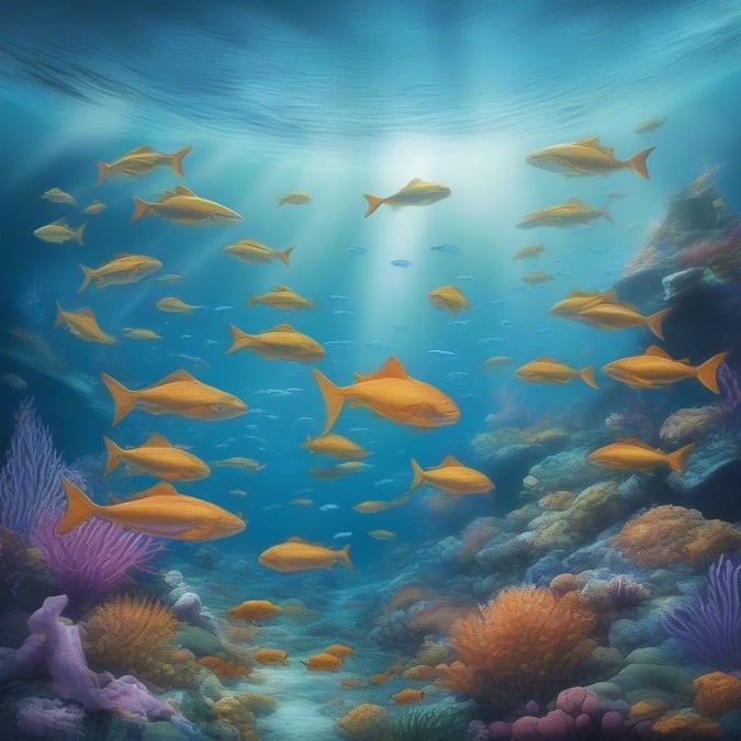 A lively scene from the ocean depths, with a school of vibrant yellow fish swimming near the surface. The crystal-clear water is full of life, and the sunlight shines down through the water column, illuminating the bustling underwater world.