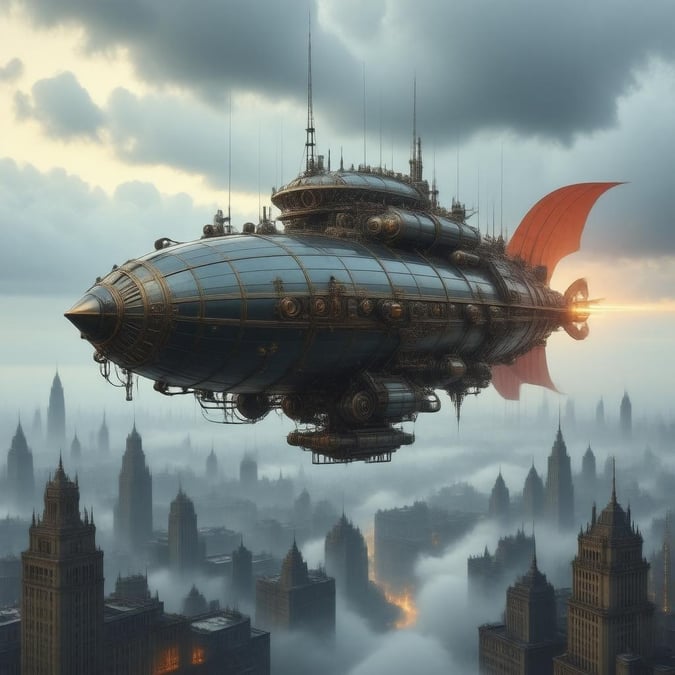 Immerse yourself in the world of steampunk with this captivating wallpaper featuring an airship soaring above a dense metropolis, shrouded in fog.