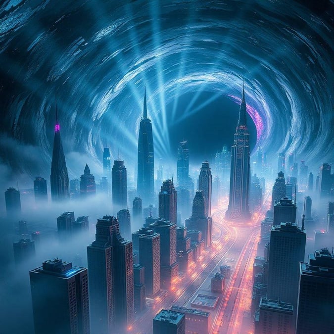 A futuristic city skyline illuminated against the night sky, with a mysterious tunnel or vortex in the center.