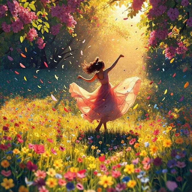 A whimsical scene of a girl dancing through a field of vibrant, colorful flowers, celebrating the joy and freedom of spring.  This artwork captures the essence of nature's beauty and the delight it brings.