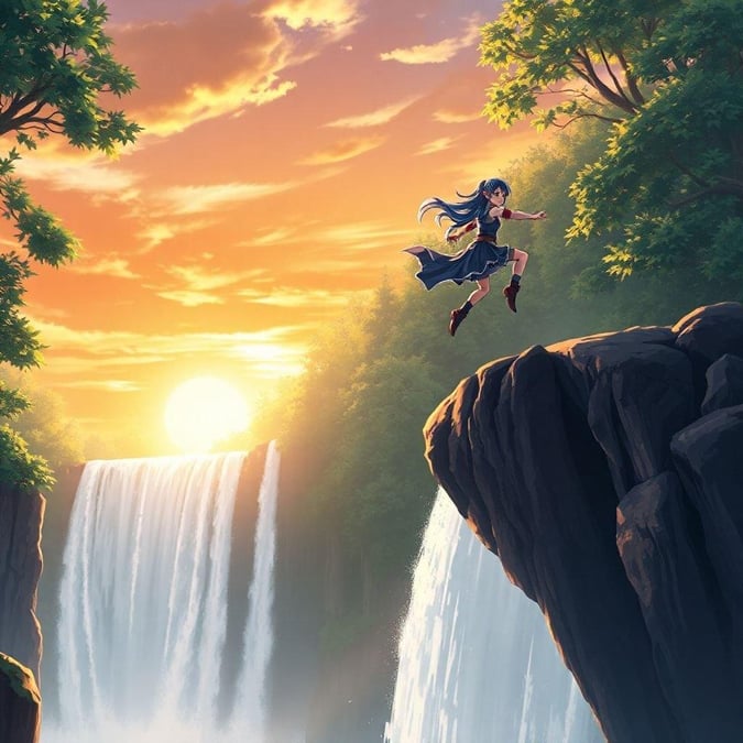 This captivating anime illustration showcases a young ninja in mid-air, her hair flowing like a waterfall as she leaps off the edge of a majestic waterfall. The blurred forest and vibrant sunset sky in the background create a serene and fantasy-like atmosphere, perfect for desktop and mobile wallpapers.