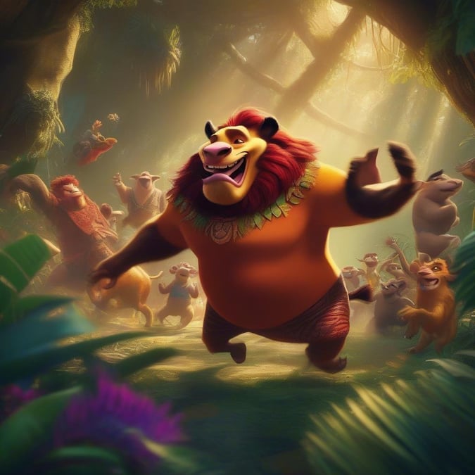 A group of favorite Disney characters embark on a journey through a lush jungle, filled with excitement and camaraderie.