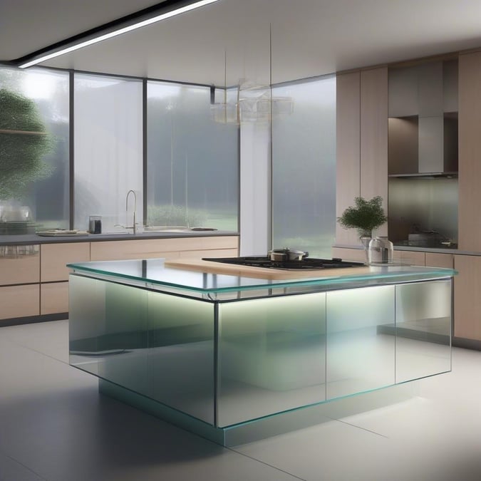 This minimalist glass kitchen island is a sleek and modern addition to any kitchen. Its clean lines and transparent design create a sense of openness and airiness, making it perfect for those who value simplicity and functionality.