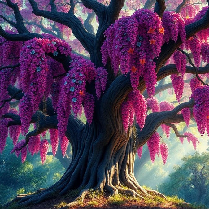 This stunning tree wallpaper features a large tree with pink flowers and green leaves. The tree has a thick trunk and branches that spread out in all directions, creating a canopy of leaves and flowers. The flowers are a vibrant pink color and are hanging down from the branches, creating a beautiful display of color and texture. The leaves are a bright green color and are scattered throughout the tree, adding to the overall beauty of the image. The background of the image is a soft, muted color that complements the colors of the tree and flowers. The overall effect of the image is one of serenity and tranquility, making it a great choice for a wallpaper.