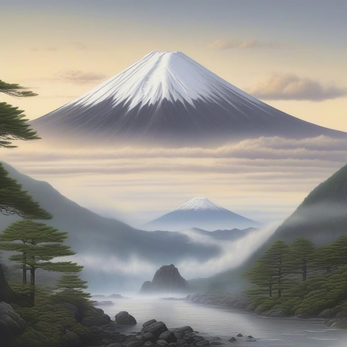 This stunning wallpaper captures the breathtaking beauty of Mount Fuji, a symbol of Japan's natural wonder and adventure. The serene landscape, with its majestic mountain and tranquil lake, invites you to embark on a journey of discovery and exploration.