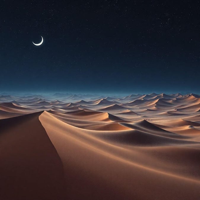 Experience the tranquility of a desert night sky with this stunning wallpaper. The dark blue sky is dotted with stars, while the moon shines brightly in the distance, casting a warm glow over the vast expanse of sand dunes.