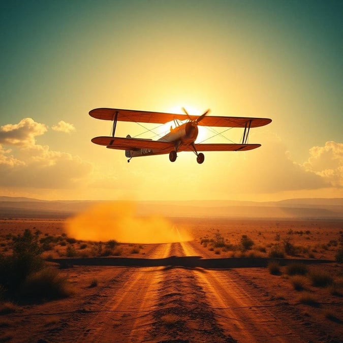 Experience the thrill of adventure as a biplane takes flight over the vast expanse of the desert at sunset.