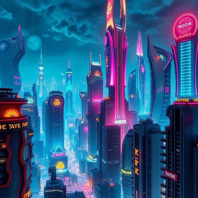 A vibrant city street at dusk, bathed in neon lights from restaurants and bars. Cyberpunk aesthetics with futuristic architecture and pink hues.