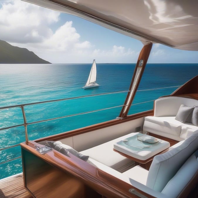 Experience luxurious elegance as you cruise along the stunning azure seascape, where a distant sailboat adds to the tranquil scene of serene beauty.