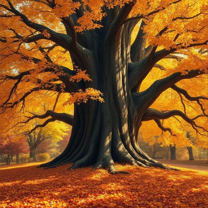 A breathtaking view of nature with a large tree surrounded by golden autumn leaves.