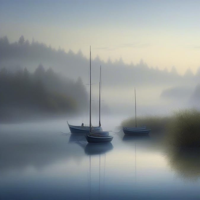 A serene scene with two small boats floating on a lake, surrounded by a misty morning ambiance. A quaint view that evokes the tranquility of early dawn or late dusk.