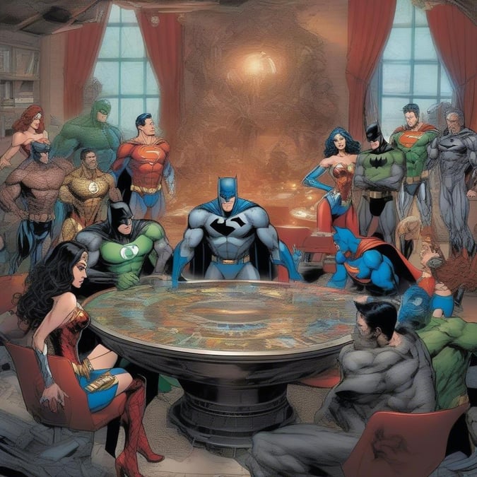 A lively scene where the legendary heroes meet and mingle in a grand room, with iconic figures such as Batman, Superman, Wonder Woman, and more.