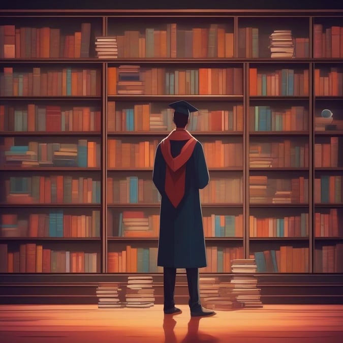 A person in a graduation gown and cap stands in front of a large bookshelf, surrounded by stacks of books. The image is a wallpaper, perfect for desktop and mobile use, and is categorized under 'Graduation'.