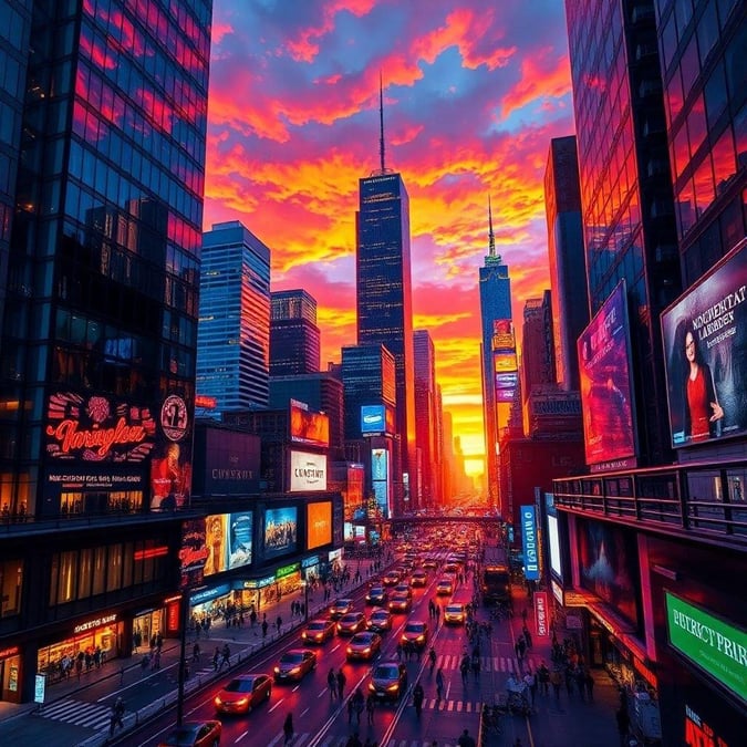 A vibrant cityscape at dusk, with the skyline silhouetted against the fiery colors of a sunset. People and cars in motion add life to the scene, making it a dynamic urban landscape.