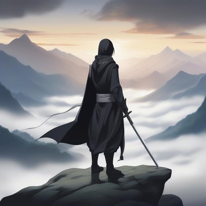 A young ninja warrior stands on a cliff overlooking a breathtaking mountainous landscape, ready for an adventure at sunrise.