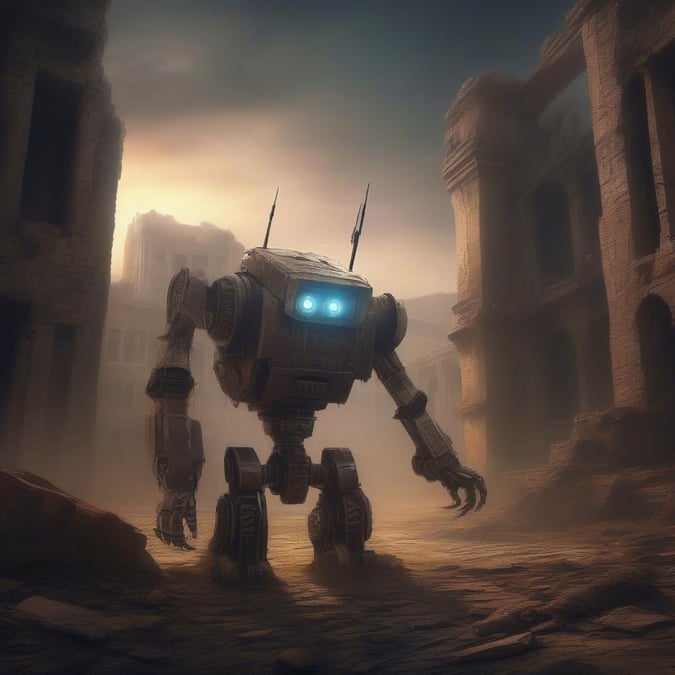 An abandoned scene with an old-world robot standing amidst a desolate environment, possibly seeking companionship or lost in thought.