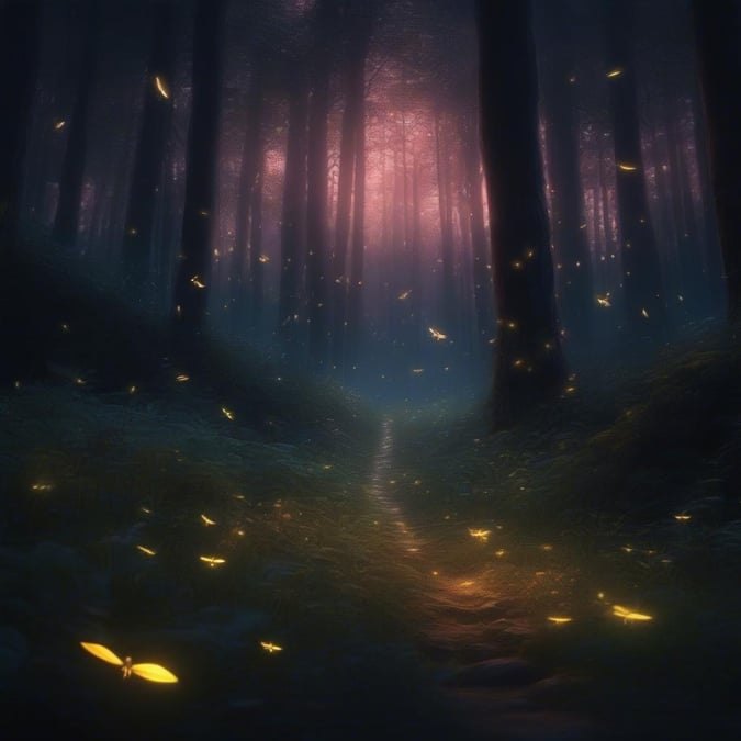 A mystical woodland scene at sunset, inviting the viewer into a path lined with glowing fireflies.