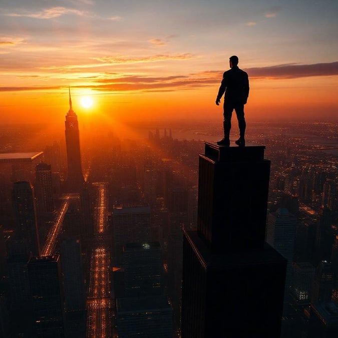 Une silhouette urbaine dramatique au lever du soleil, avec une figure solitaire debout au sommet de l'Empire State Building, évoquant l'esprit des super-héros sur un fond épique.