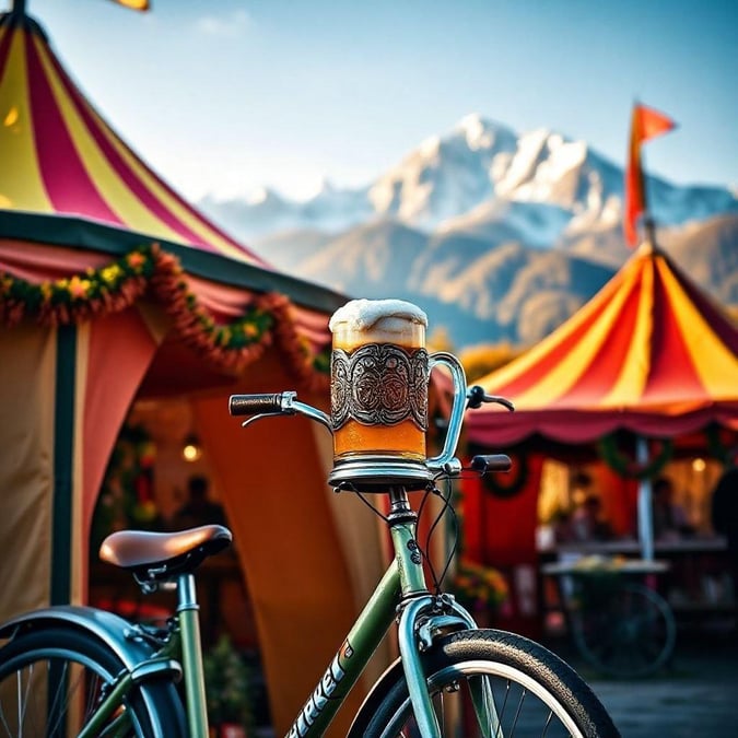 A vibrant scene from an outdoor Oktoberfest celebration, featuring a traditional German beer in a large stein on the handlebars of a bicycle, with a festive red and yellow tent in the background and majestic mountains in the distance.