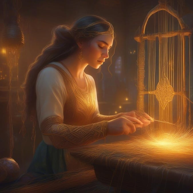 A fair maiden engrossed in weaving enchanted thread, illuminated by the soft glow of her tapestry.