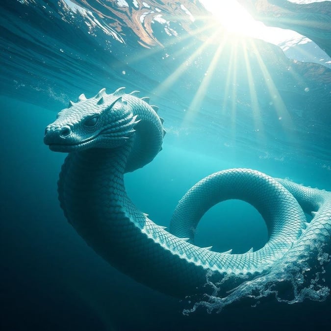 Explore the depths where myth meets reality. Dive into a fantastical sea scene with this image of a serpentine creature that appears to be a blend of serpent and dragon, crafted from nature itself. This mesmerizing underwater creature is an embodiment of the mystery and allure found in fantasy realms. Bring this captivating wallpaper to your desktop or mobile device for a touch of mythical charm.