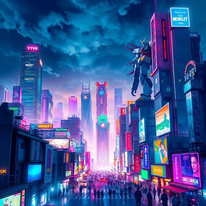 Immerse yourself in the vibrant world of anime with this stunning cityscape wallpaper, featuring towering skyscrapers and a majestic robot