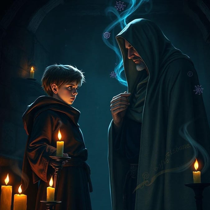 Two figures, a mentor in his robe and an apprentice, share a quiet moment together in a dimly lit room, hinting at the potential for growth and learning.