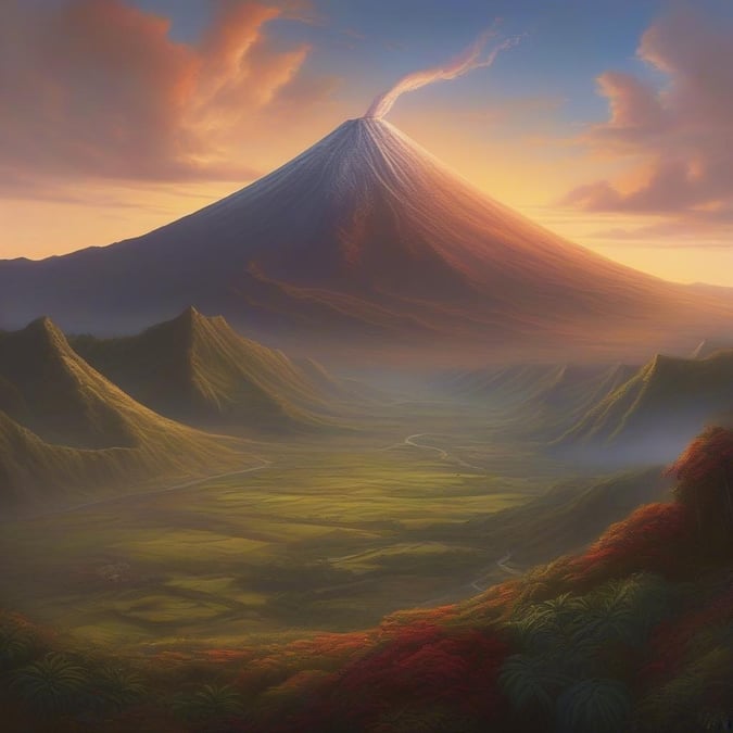 A stunning digital art landscape featuring a grand mountain peak reaching towards a vibrant sky, with forested valleys stretching out in the distance.