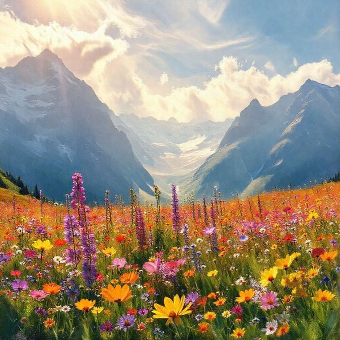 A vibrant, colorful meadow with wildflowers at the foot of a mountain range. Perfect for desktop or mobile wallpaper.