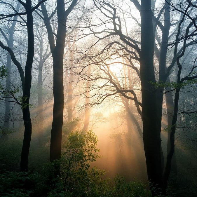 The early morning sun filters through the fog, casting a magical glow over the forest trail.