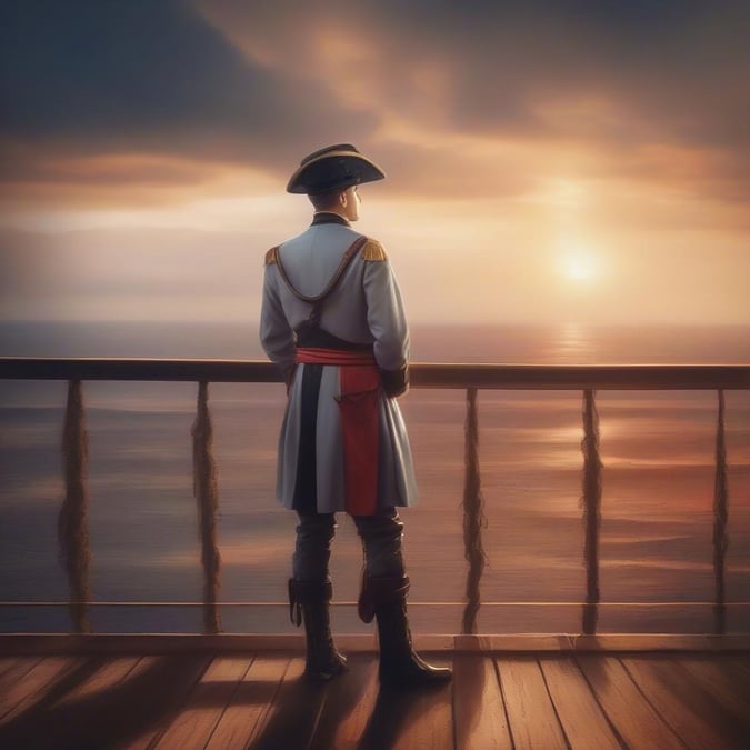 A solitary figure, perhaps a historical figure or an iconic character, stands on the deck of a ship, gazing out towards the horizon as the sun sets.