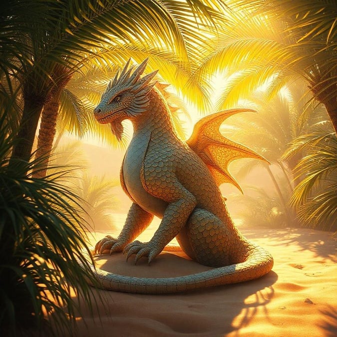 A majestic dragon soaks up the sun in a desert oasis, surrounded by palm trees and sand dunes.