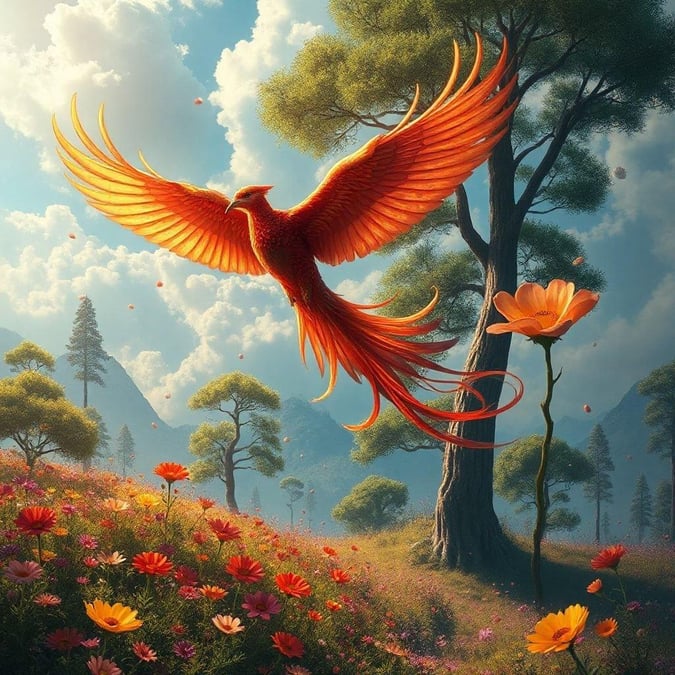 A beautiful phoenix in a field of flowers, with mountains in the background. The phoenix is a symbol of hope and renewal, and the flowers represent growth and abundance. The mountains represent strength and resilience, and the sky represents freedom and limitless possibilities.