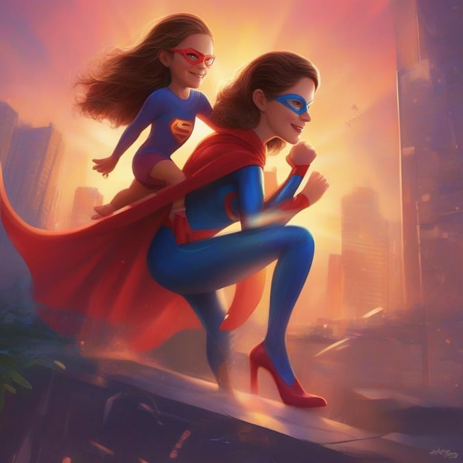 Celebrate Mother's Day with this beautiful wallpaper featuring a mother and daughter in superhero costumes.