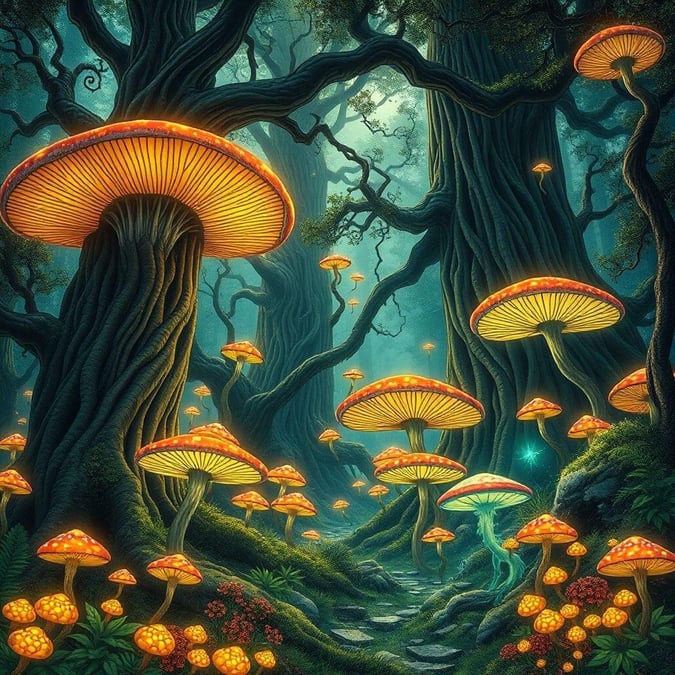 Immerse yourself in a vibrant and whimsical world of mushrooms, with towering fungi and lush greenery. Perfect for fans of fantasy and adventure.