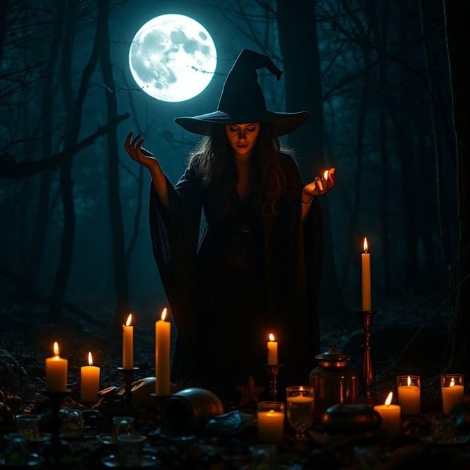 A witch performs a ritual in a dark forest, surrounded by magical items.