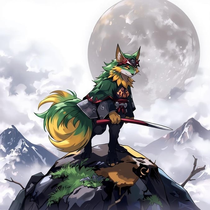 This anime-style illustration captures a serene moment of a samurai standing on a mountain peak, surrounded by a misty background that adds to the tranquil atmosphere. The vibrant green and yellow fur of the samurai contrasts beautifully with the natural setting, creating a peaceful and animated snapshot.