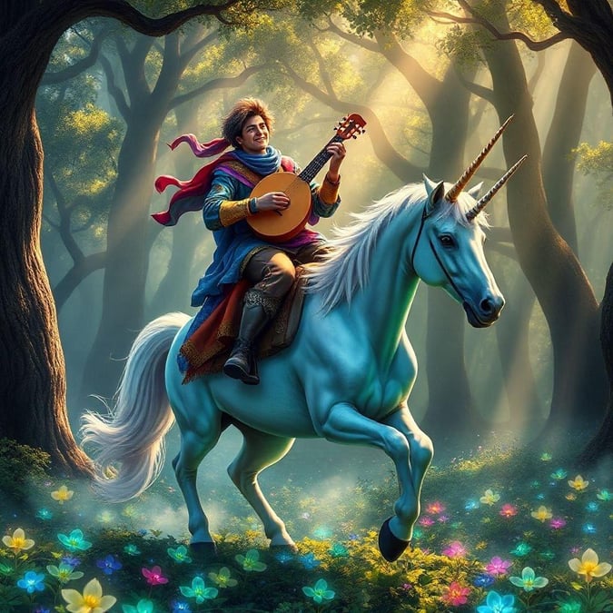 In the heart of a mystical forest, an enigmatic minstrel strums his harp while astride a steed as pure as a fallen rainbow. The ancient tune seems to echo through the whispering trees, invoking tales and legends of bygone ages.