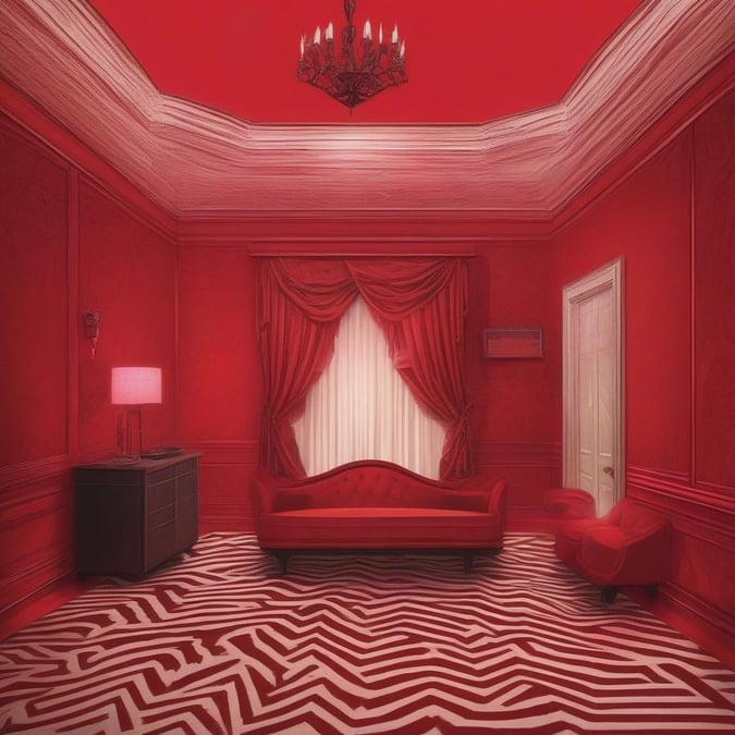 This wallpaper features a room with a red and white color scheme, inspired by the style of the television series 'Twin Peaks.' The room is decorated with a red couch, a red chair, a red lamp, and a red rug, all of which are arranged in a way that creates a sense of symmetry and balance.